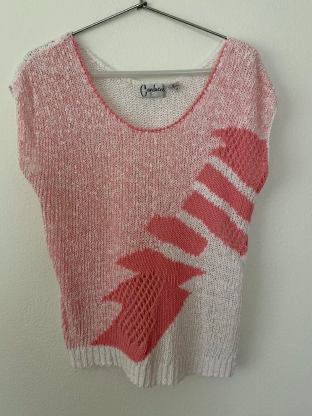 Vintage 80s Carducci Pink & White Abstract Knit Sweater Top